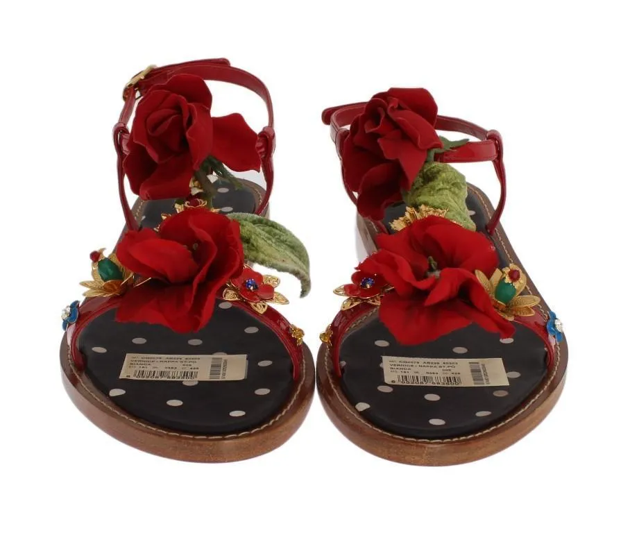 Red Leather Roses Crystal Sandals