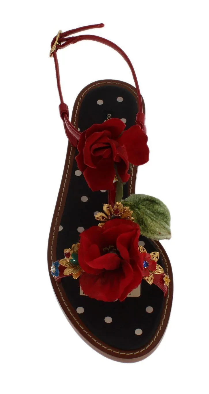 Red Leather Roses Crystal Sandals