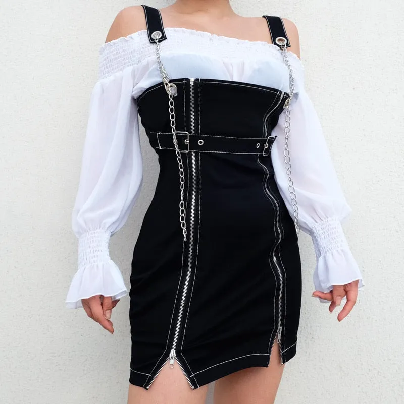 Rockmore Black Chain Zipper Split Straight Strappy Mini Dress Women Buckle Belt Punk Style Casual Dresses Fashion 2019 Summer