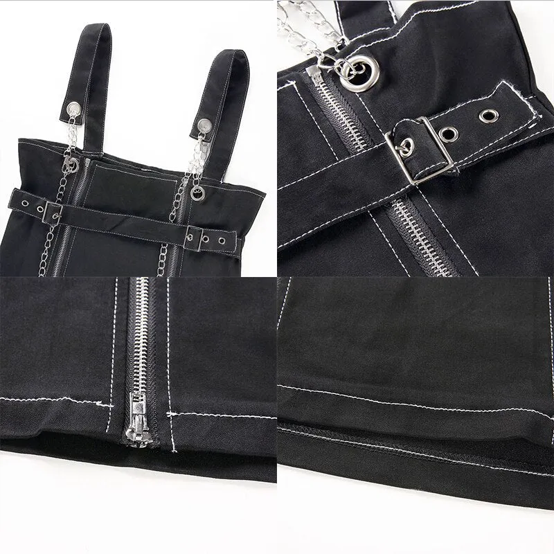 Rockmore Black Chain Zipper Split Straight Strappy Mini Dress Women Buckle Belt Punk Style Casual Dresses Fashion 2019 Summer