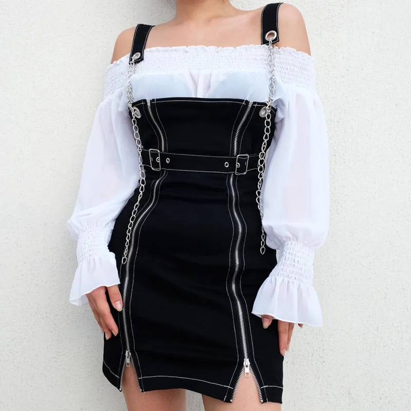 Rockmore Black Chain Zipper Split Straight Strappy Mini Dress Women Buckle Belt Punk Style Casual Dresses Fashion 2019 Summer