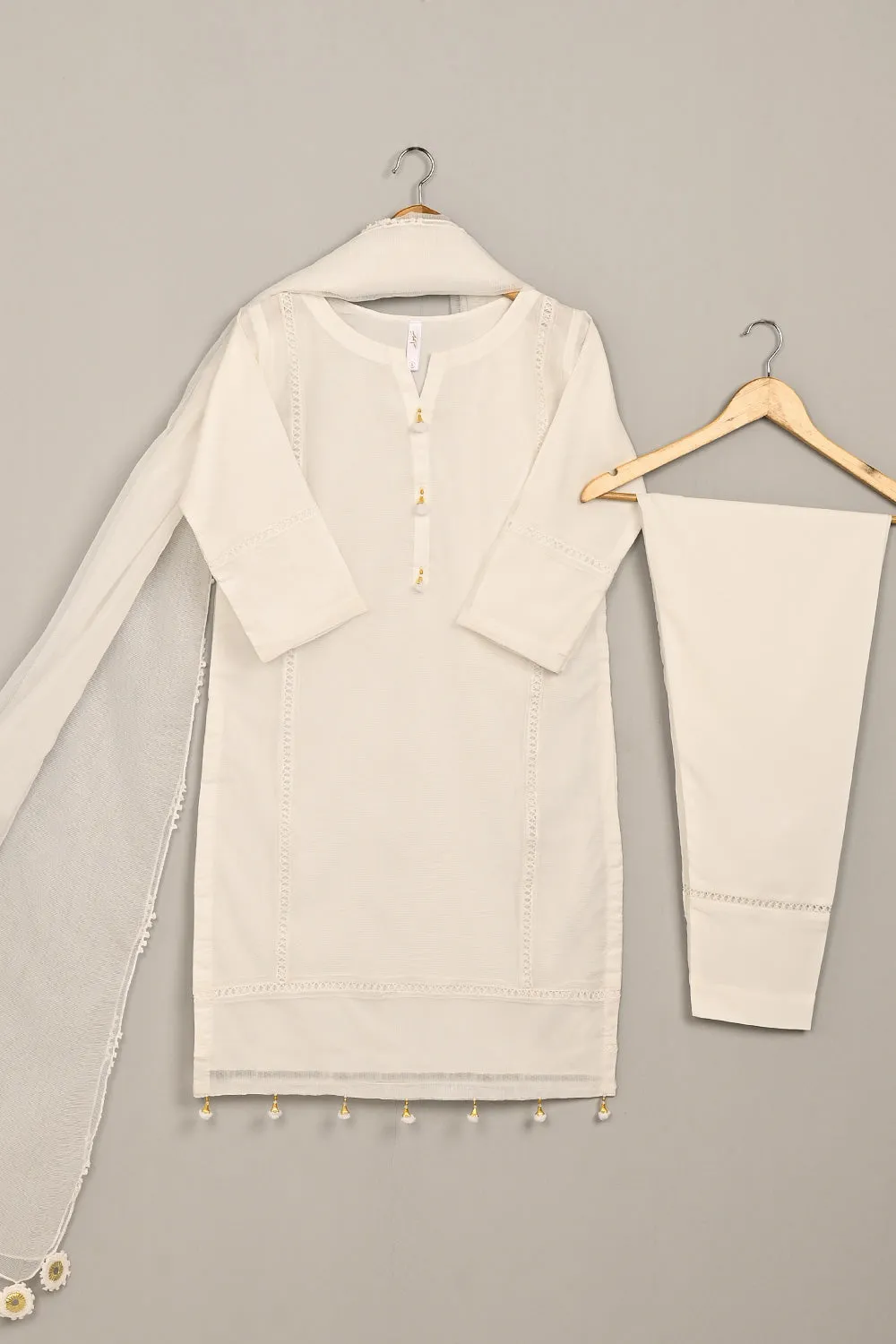 RTW-252-Off White - 3Pc Ready to Wear 3Pc Javeria Net Embroidered  Dress