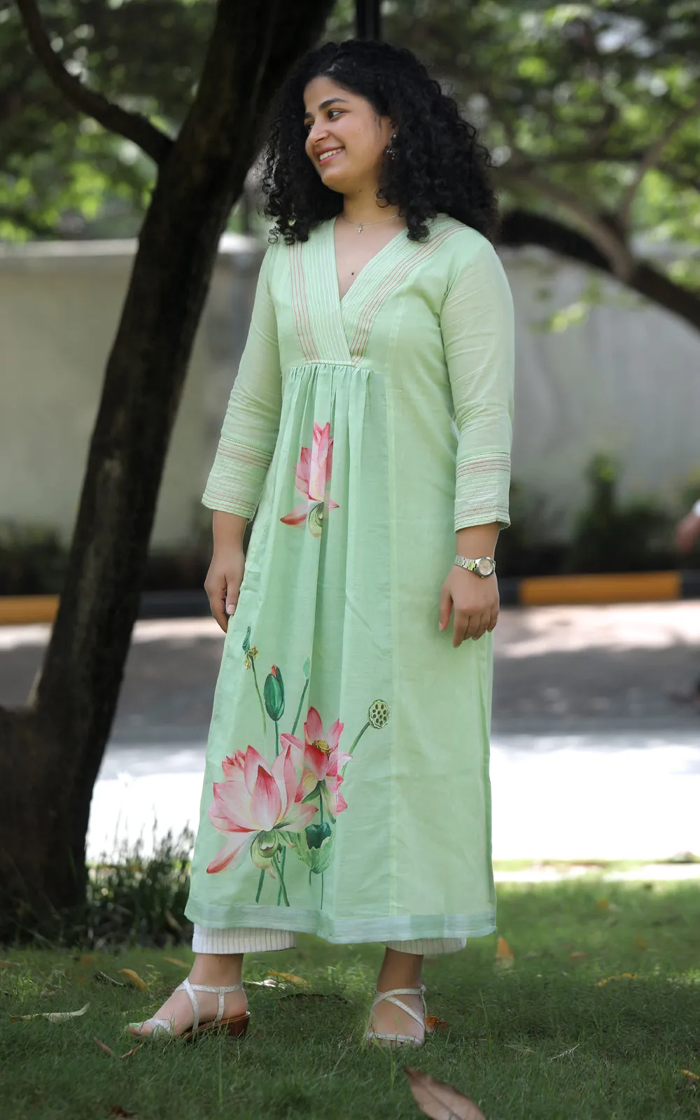 SAGE GREEN  BLOOMED LOTUS COTTON KURTA