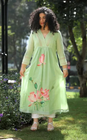 SAGE GREEN  BLOOMED LOTUS COTTON KURTA