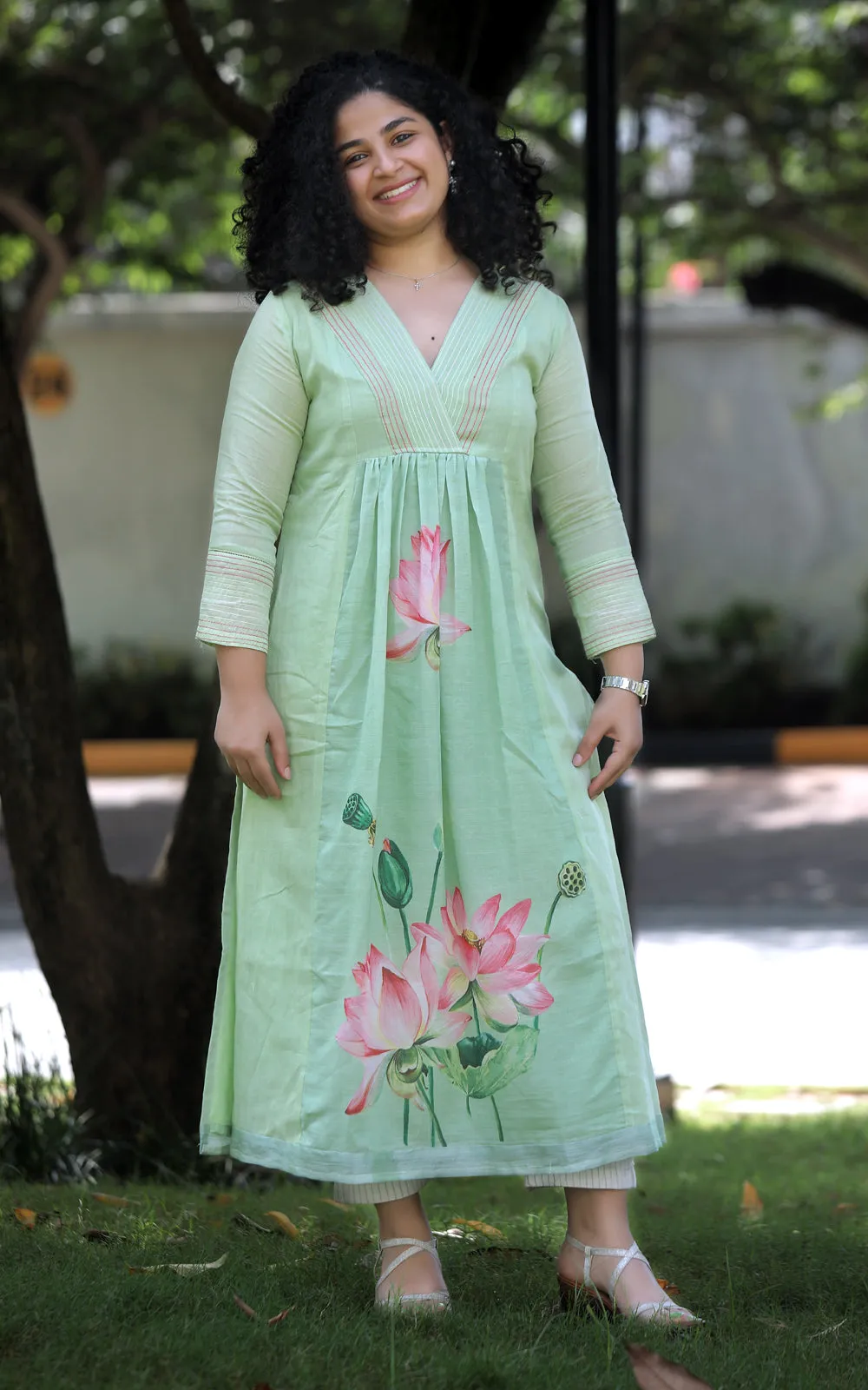 SAGE GREEN  BLOOMED LOTUS COTTON KURTA