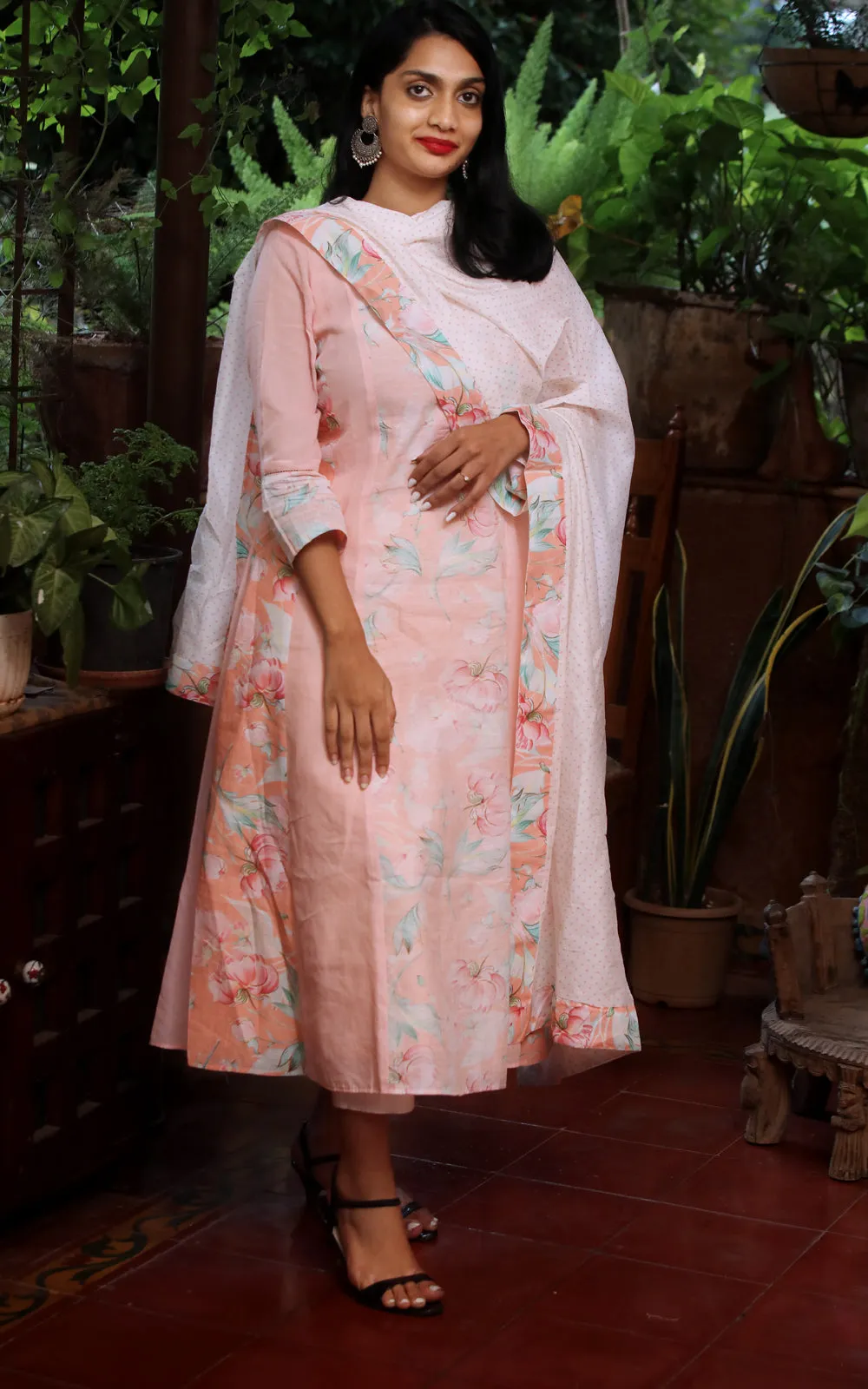 SALMON PEACH COTTON PANELLED KURTA