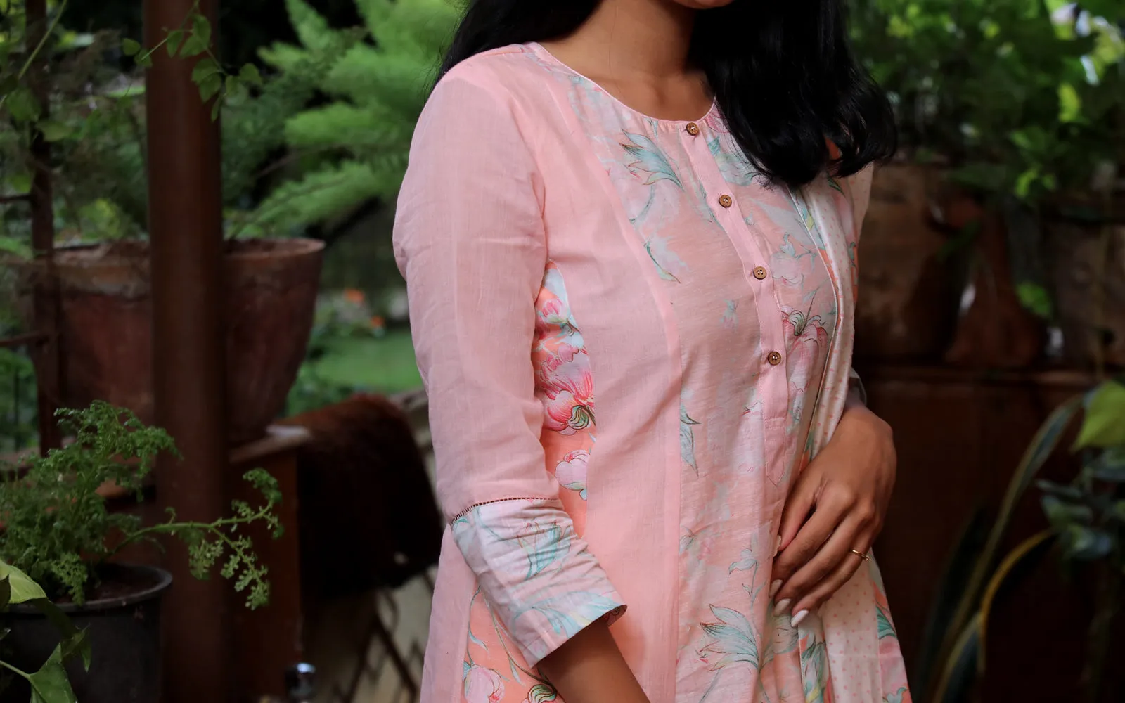 SALMON PEACH COTTON PANELLED KURTA