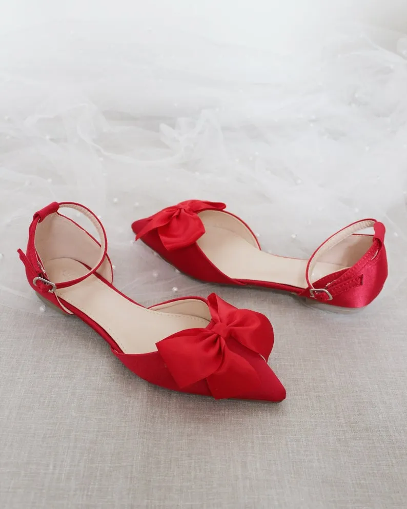 Satin Pointy Toe Flats with Front Satin Bow