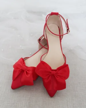 Satin Pointy Toe Flats with Front Satin Bow