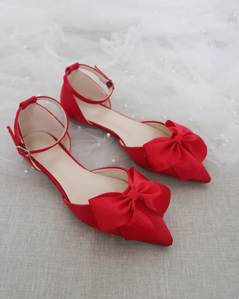 Satin Pointy Toe Flats with Front Satin Bow