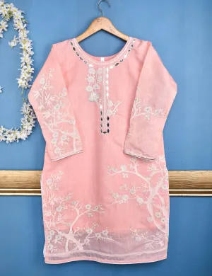 Semi Formal Paper Cotton Fabric Embroidered Stitched Kurti - Poetic Aura (T20-039C-Pink)