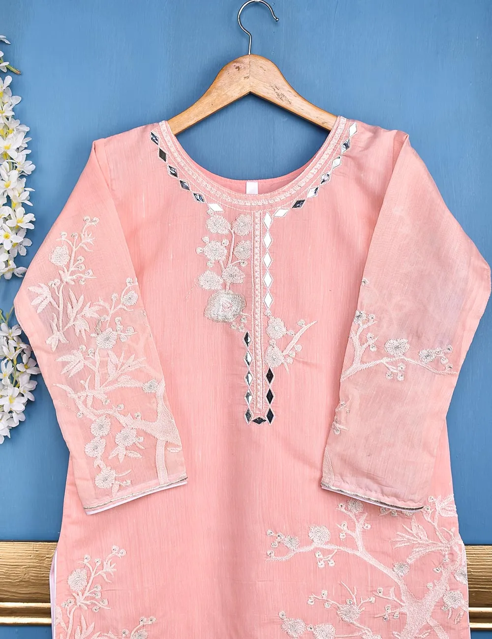Semi Formal Paper Cotton Fabric Embroidered Stitched Kurti - Poetic Aura (T20-039C-Pink)