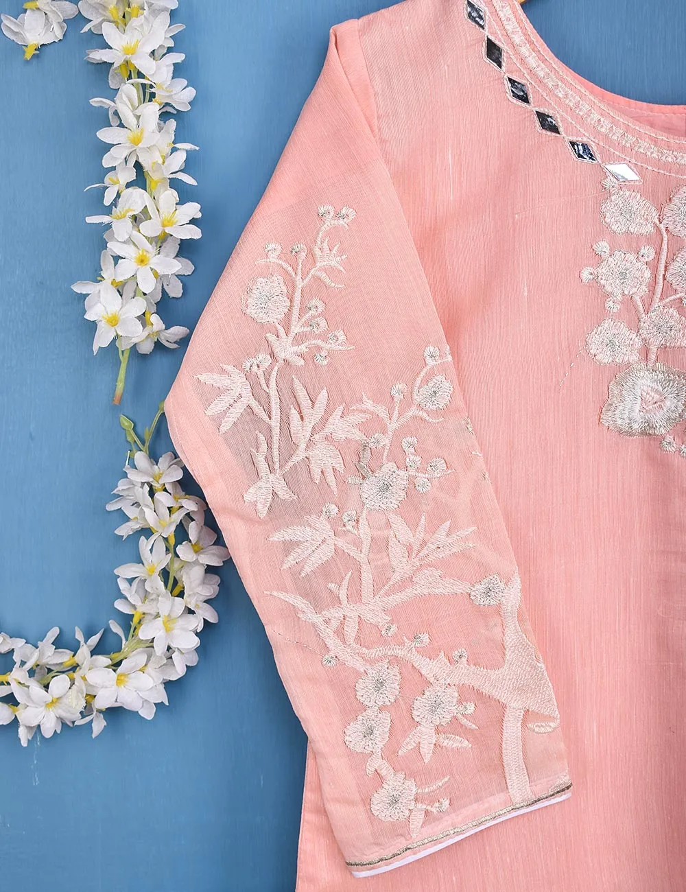 Semi Formal Paper Cotton Fabric Embroidered Stitched Kurti - Poetic Aura (T20-039C-Pink)