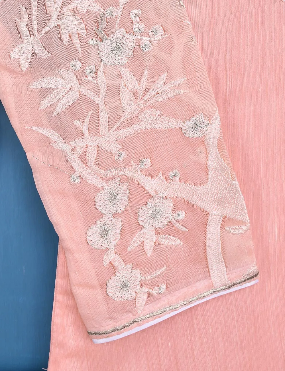 Semi Formal Paper Cotton Fabric Embroidered Stitched Kurti - Poetic Aura (T20-039C-Pink)
