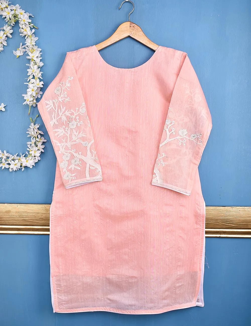 Semi Formal Paper Cotton Fabric Embroidered Stitched Kurti - Poetic Aura (T20-039C-Pink)