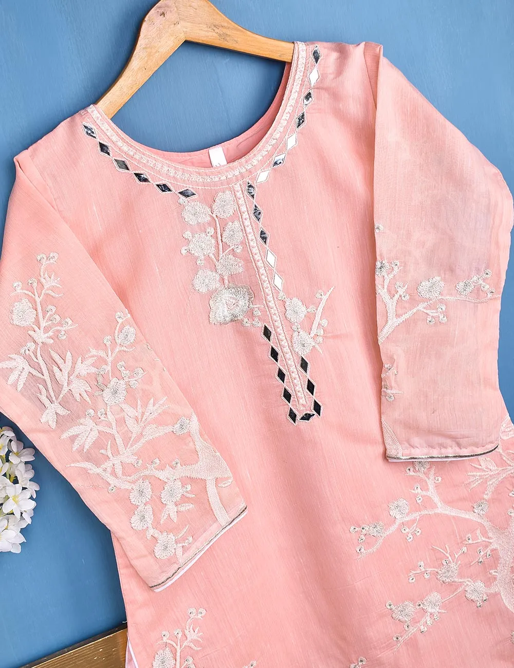 Semi Formal Paper Cotton Fabric Embroidered Stitched Kurti - Poetic Aura (T20-039C-Pink)