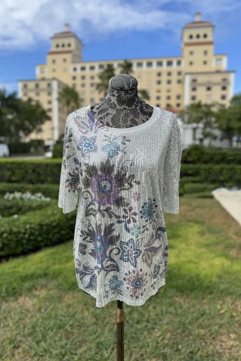Sequined Silver Embroidered Flower Blouse