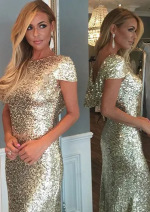 Sheath Bateau Short Sleeve Draped Floor Length Sweep Gold Sequin Evening Dress