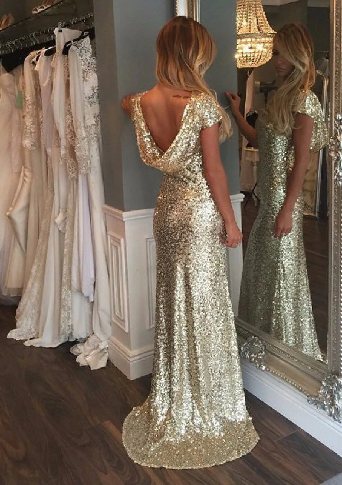 Sheath Bateau Short Sleeve Draped Floor Length Sweep Gold Sequin Evening Dress