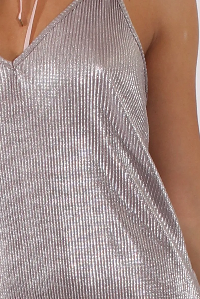 Silver Grey Pleated Metallic Slip Dress - Peaches