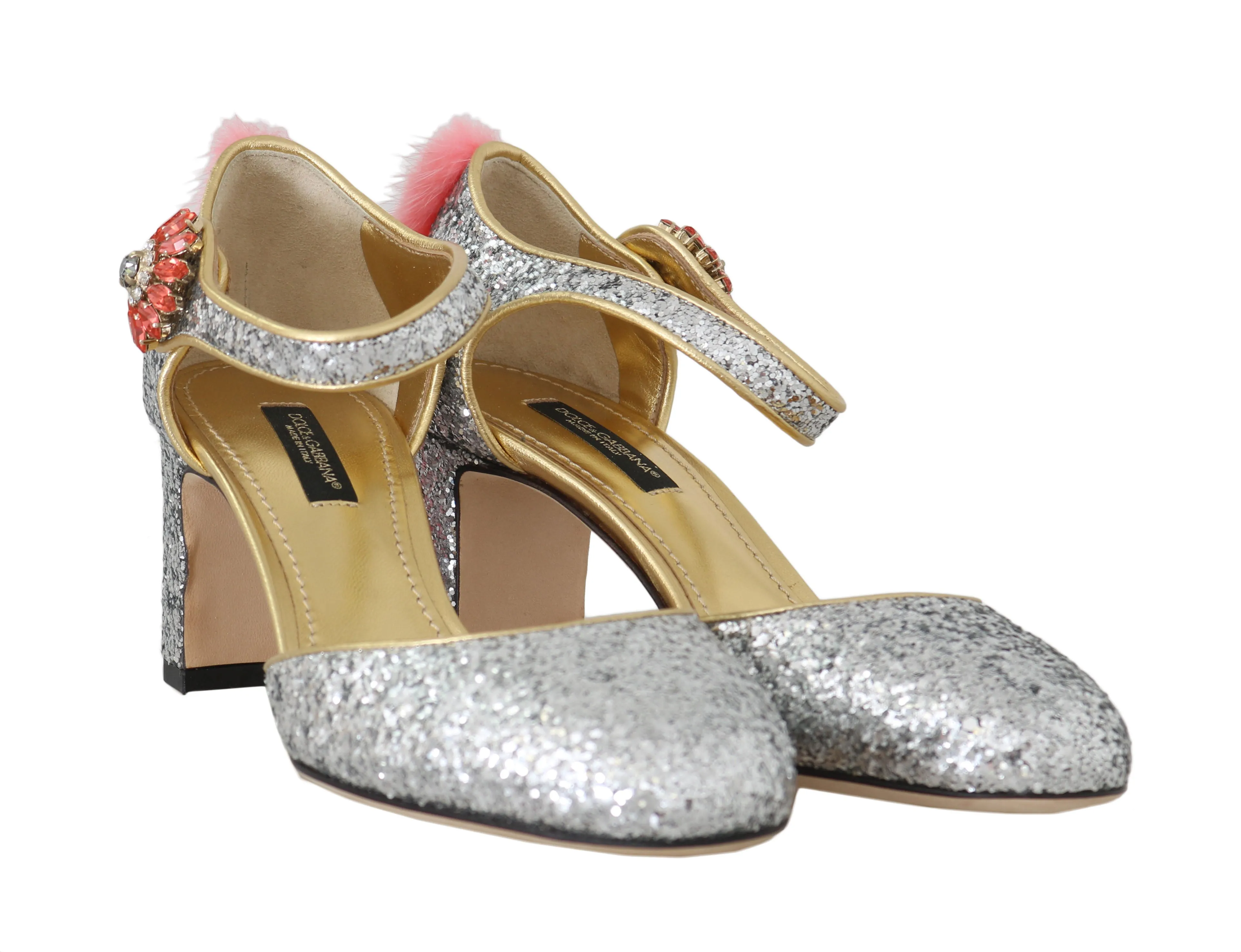Silver Leather Fur Crystal Pumps