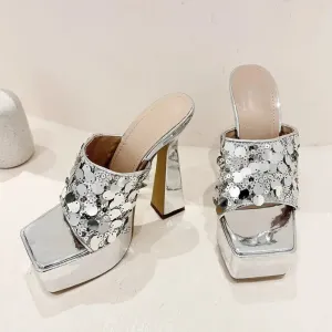 Silver Sequin Cloth Open Toe Platform High Heels Sandals for Women