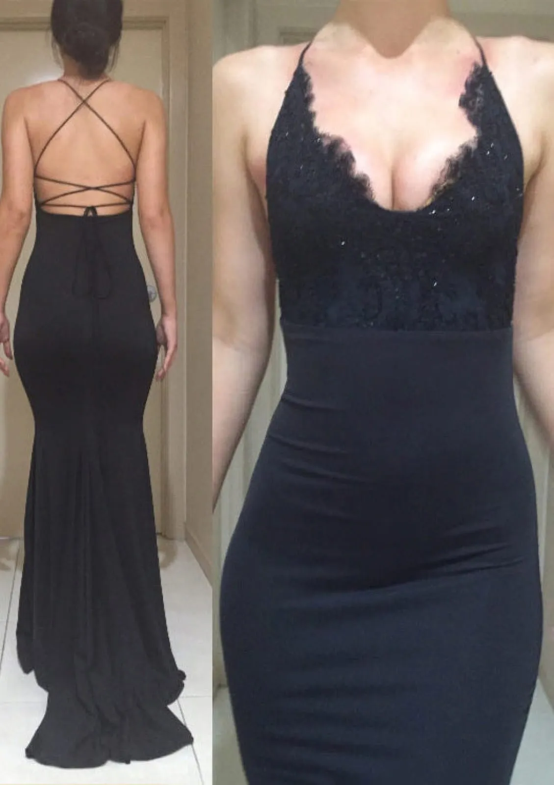 Sleeveless Lace Strap Bandage Black Jersey Sweep Sheath Evening Dress