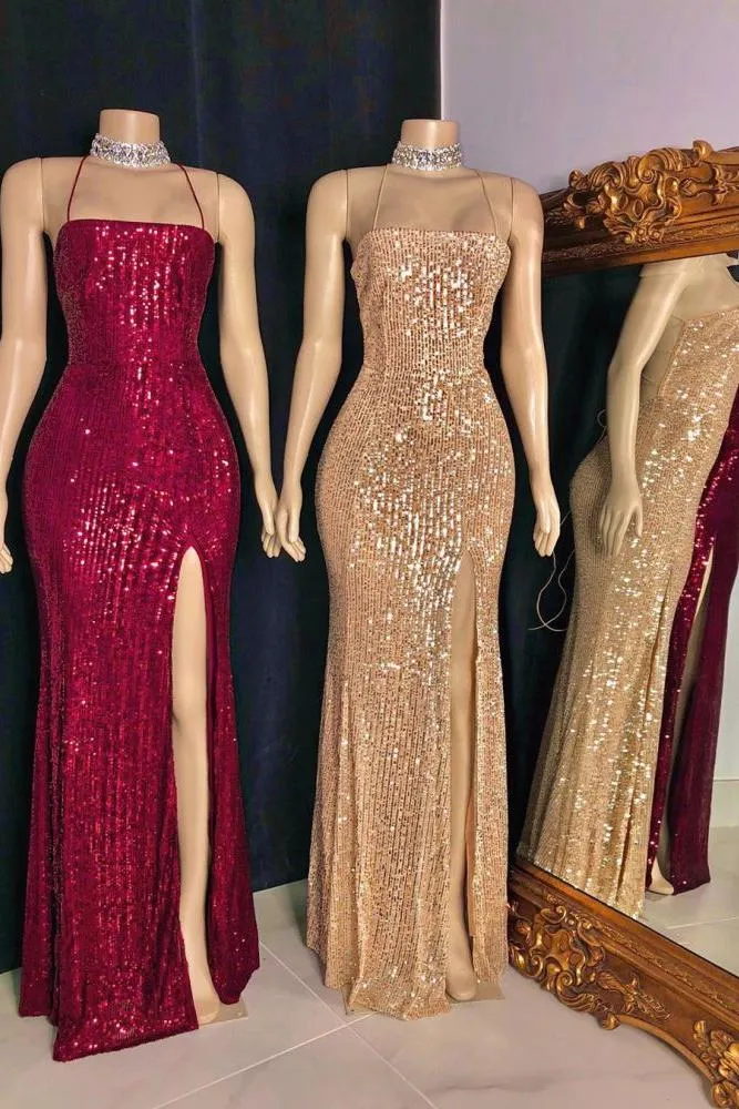 Spaghetti-straps Criss-cross Long Slit Sequins Mermaid Prom Dresses