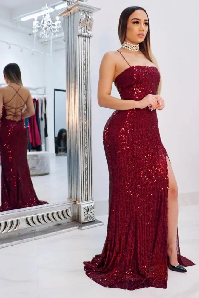Spaghetti-straps Criss-cross Long Slit Sequins Mermaid Prom Dresses