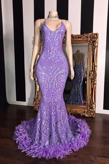 Spaghetti V-neck Sequins Floor Length Fur Train Mermaid Prom Dresses