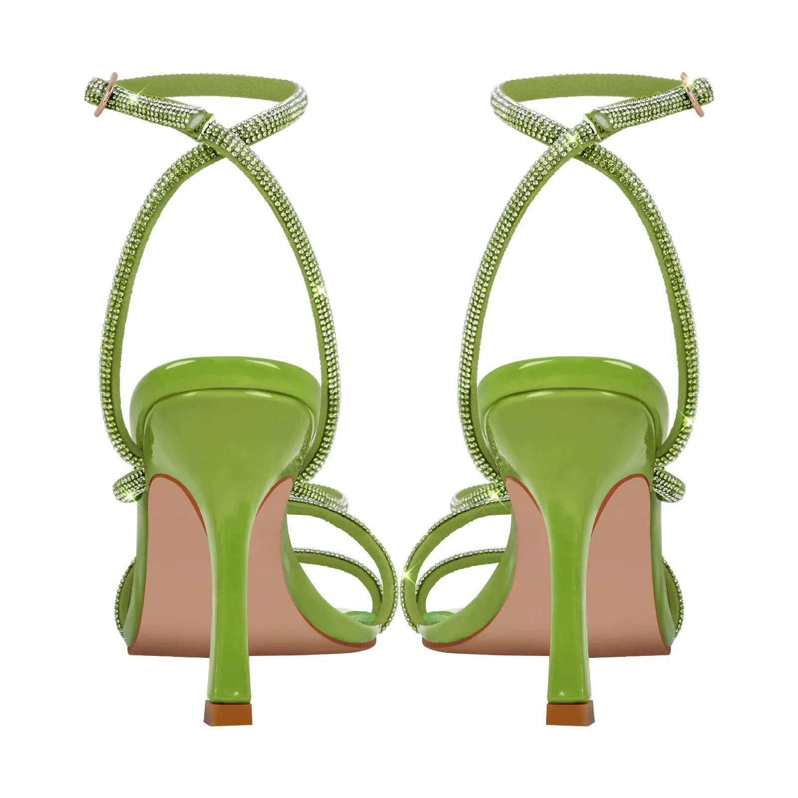 Square Toe Rhinestone Ankle Strap Stiletto Sandals
