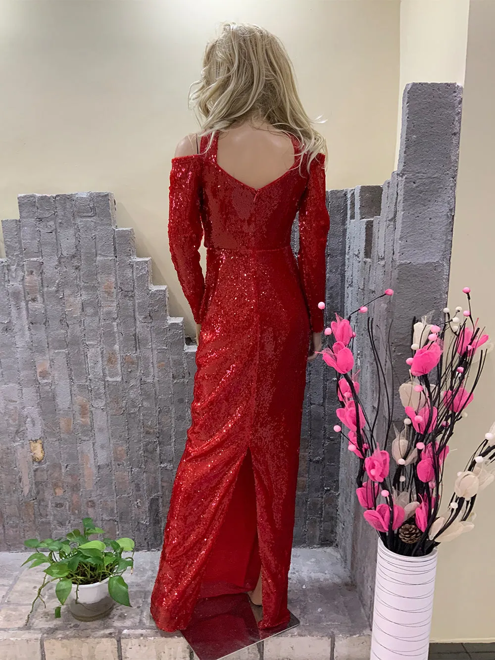Strappy Long Sleeve Sequined Roses Maxi Bodycon Dress HT20360