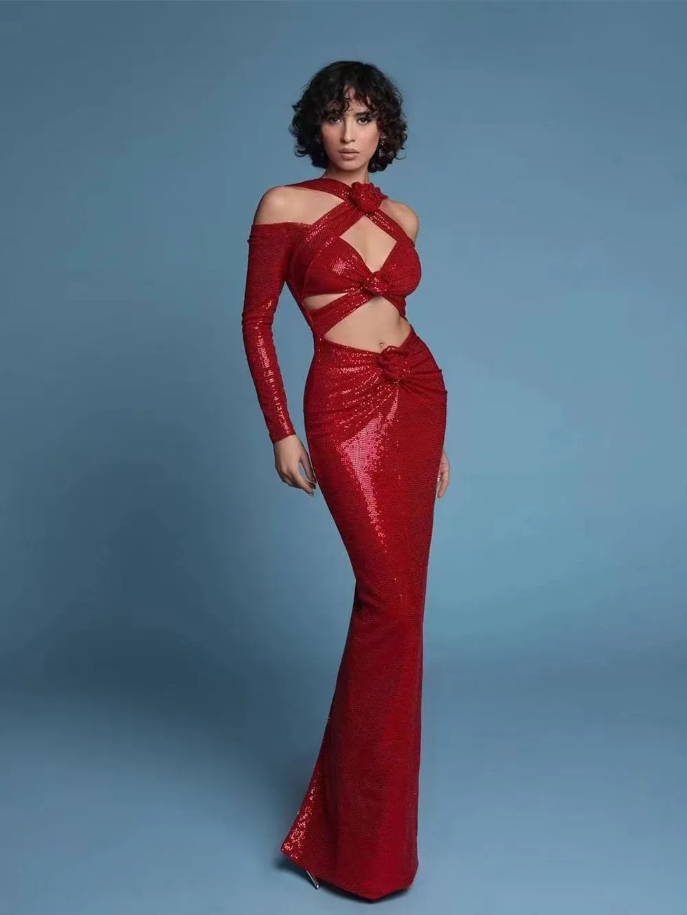 Strappy Long Sleeve Sequined Roses Maxi Bodycon Dress HT20360
