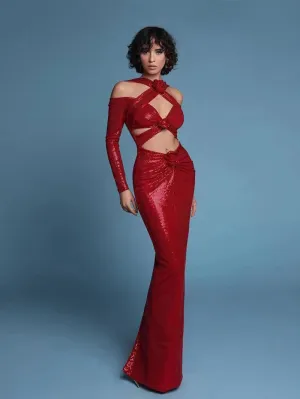 Strappy Long Sleeve Sequined Roses Maxi Bodycon Dress HT20360