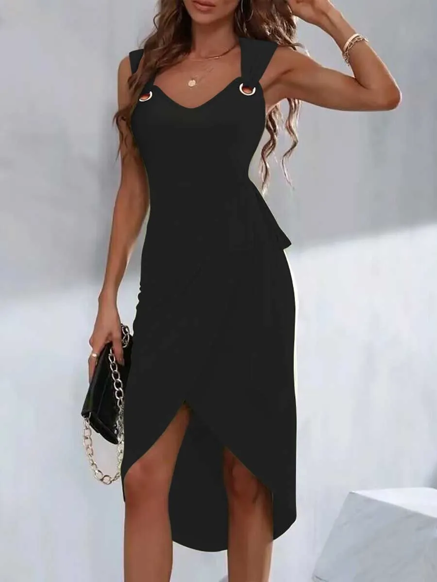 Stunncal Solid Color Strappy Irregular Hem Casual Dress