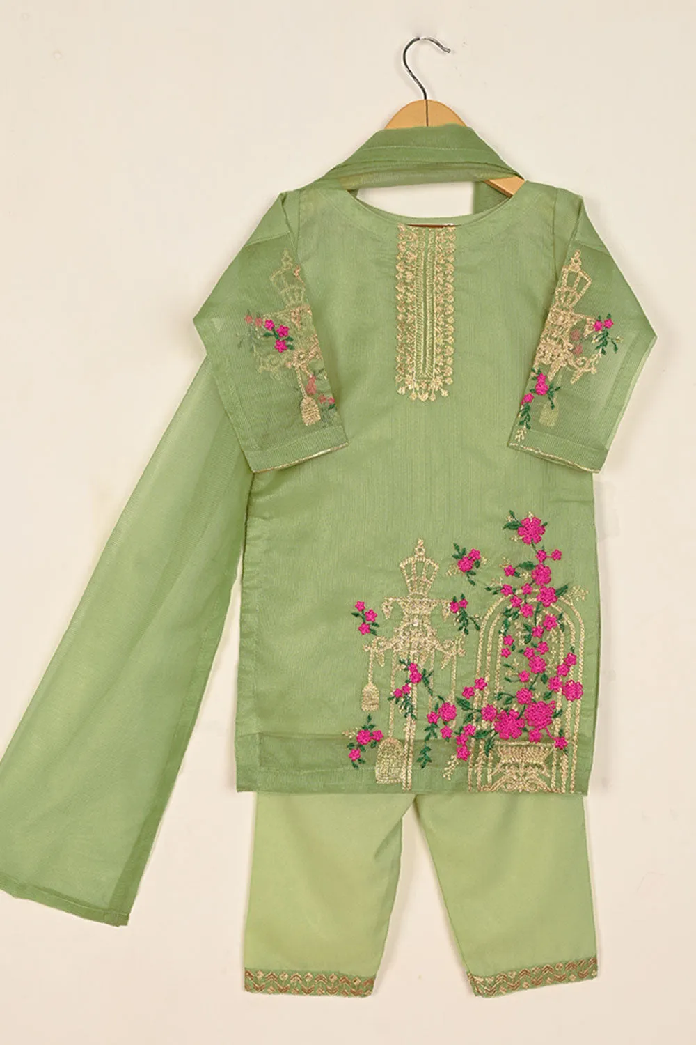 TKF-111-Pista- Kids 3Pc Javeria Net Embroidered Formal Dress