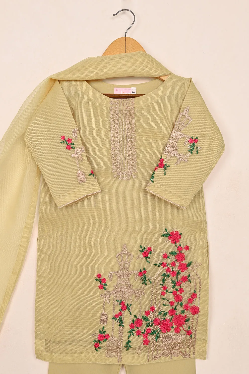 TKF-177-Skin - Kids 3Pc Javeria Net Embroidered Formal Dress