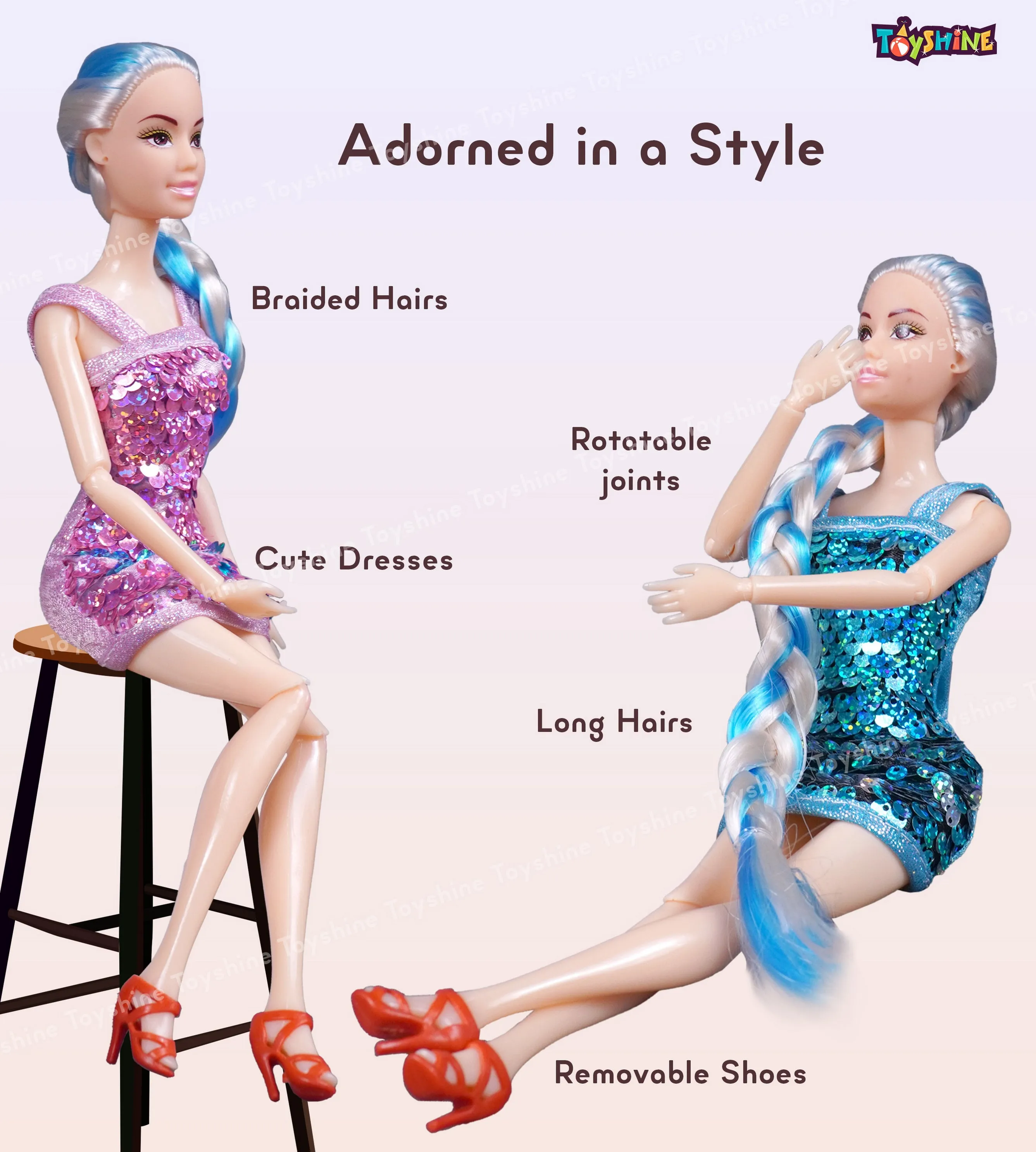 Toyshine Alia Doll with Briaded Hair Sequin Dress Strappy Heels Great Gift for Ages 3 Years Old & Up, Multi Color
