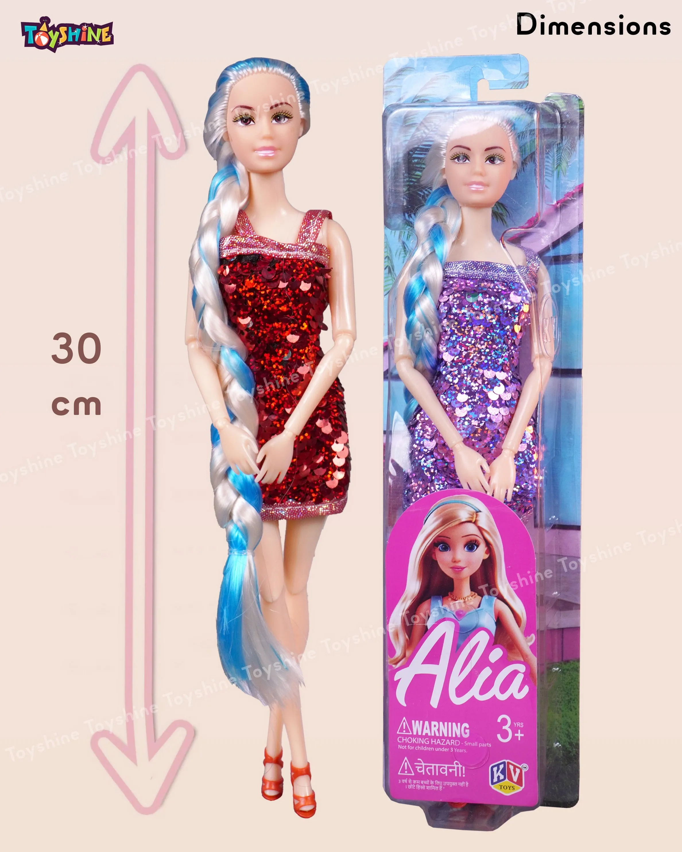 Toyshine Alia Doll with Briaded Hair Sequin Dress Strappy Heels Great Gift for Ages 3 Years Old & Up, Multi Color
