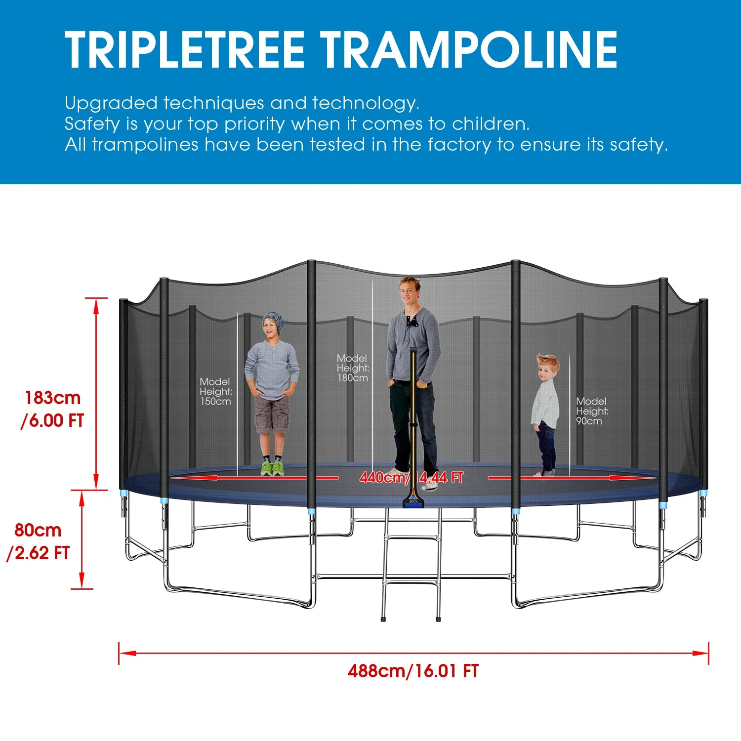 TRIPLETREE 16FT Trampoline With Safety Enclosure Net & Ladder, Suitable For Kids & Adults, 989LBS
