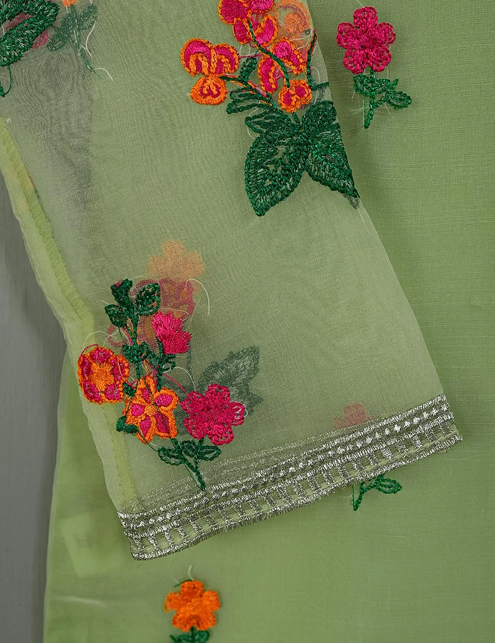 TS-117A-Green - Organza Embroidered Stitched Kurti