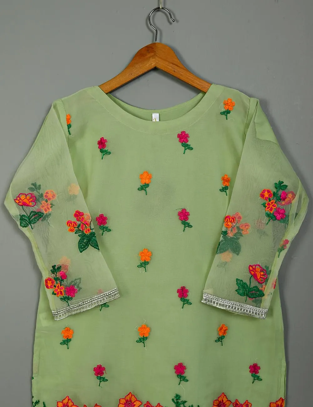 TS-117A-Green - Organza Embroidered Stitched Kurti