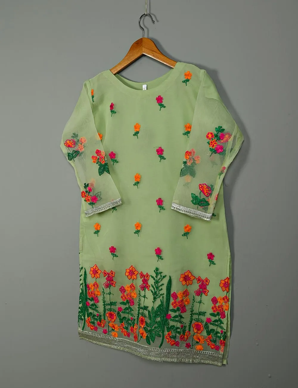 TS-117A-Green - Organza Embroidered Stitched Kurti