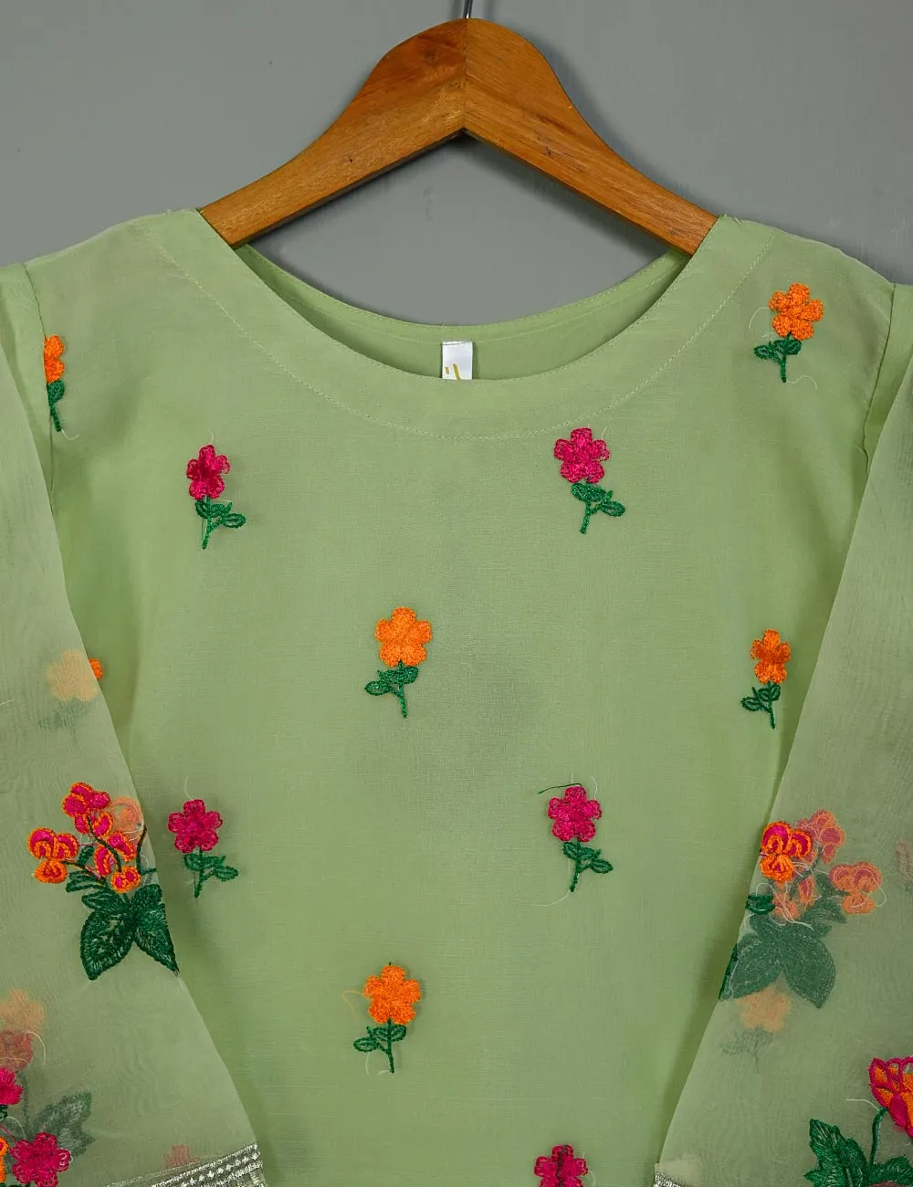 TS-117A-Green - Organza Embroidered Stitched Kurti