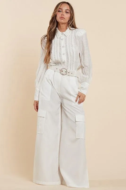 White Classy and Comfortable Delicate Lace Cargo pant and top