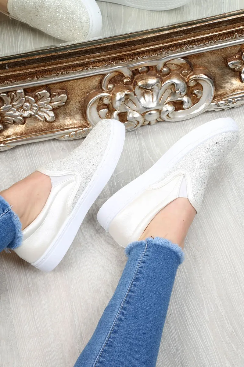 White Slip On Chunky Glitter Trainers - Anisia