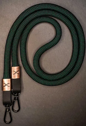 X  Checkered Dark Green/Black Rope -Black Leather Camera Strap - Copper X