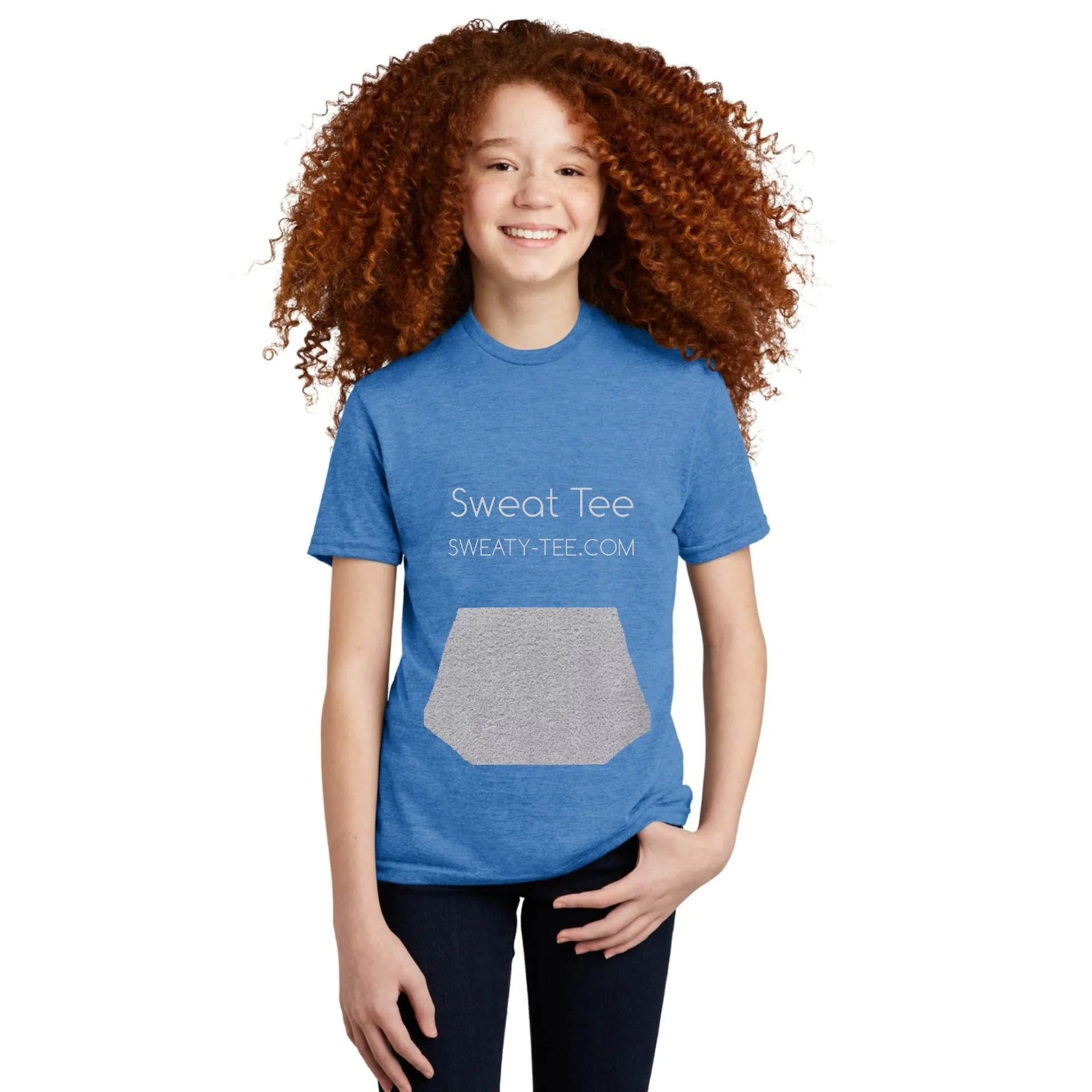 youth tee with pocket and mini-towel, blue tee